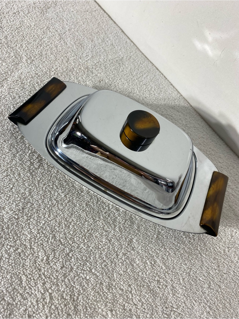 Vintage MCM Glo Hill Gourmates Chrome Butter Relish Dish Tortoiseshell Bakelite